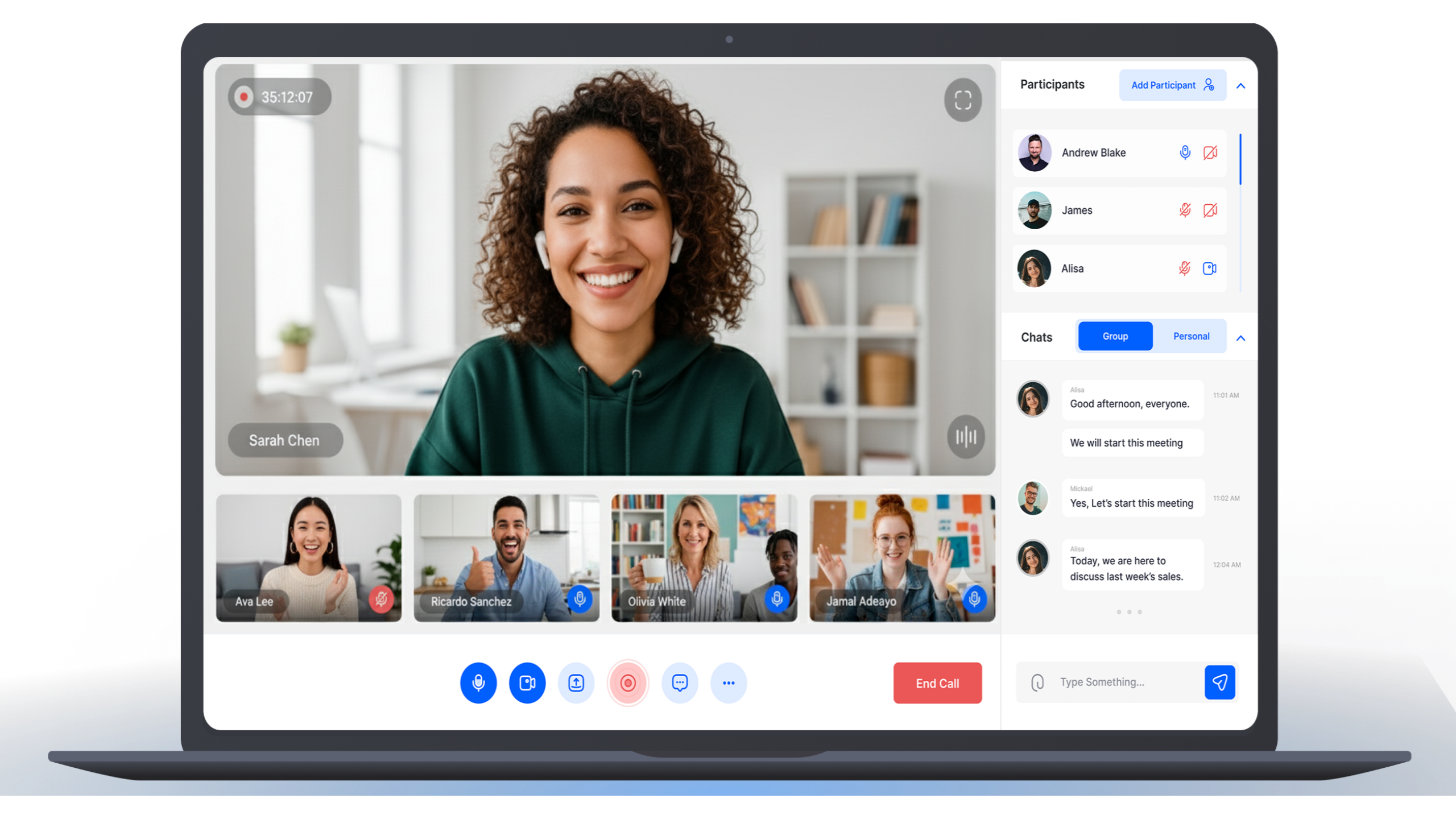 MacBook with video call interface